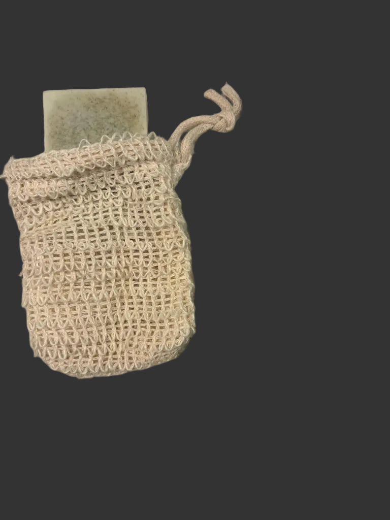 Ramie soap bag with a bar of Pure Awakening soap