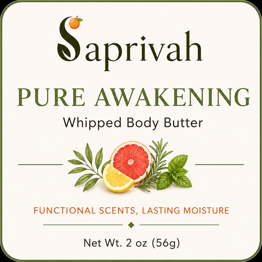 Saprivah Pure Awakening whipped body butter label with fruit and plant illustrations.