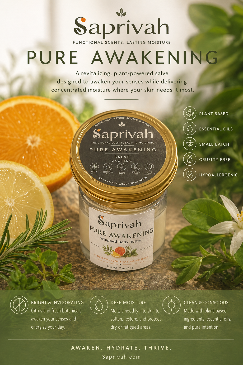 Saprivah Pure Awakening salve packaging with natural elements and branding details.
