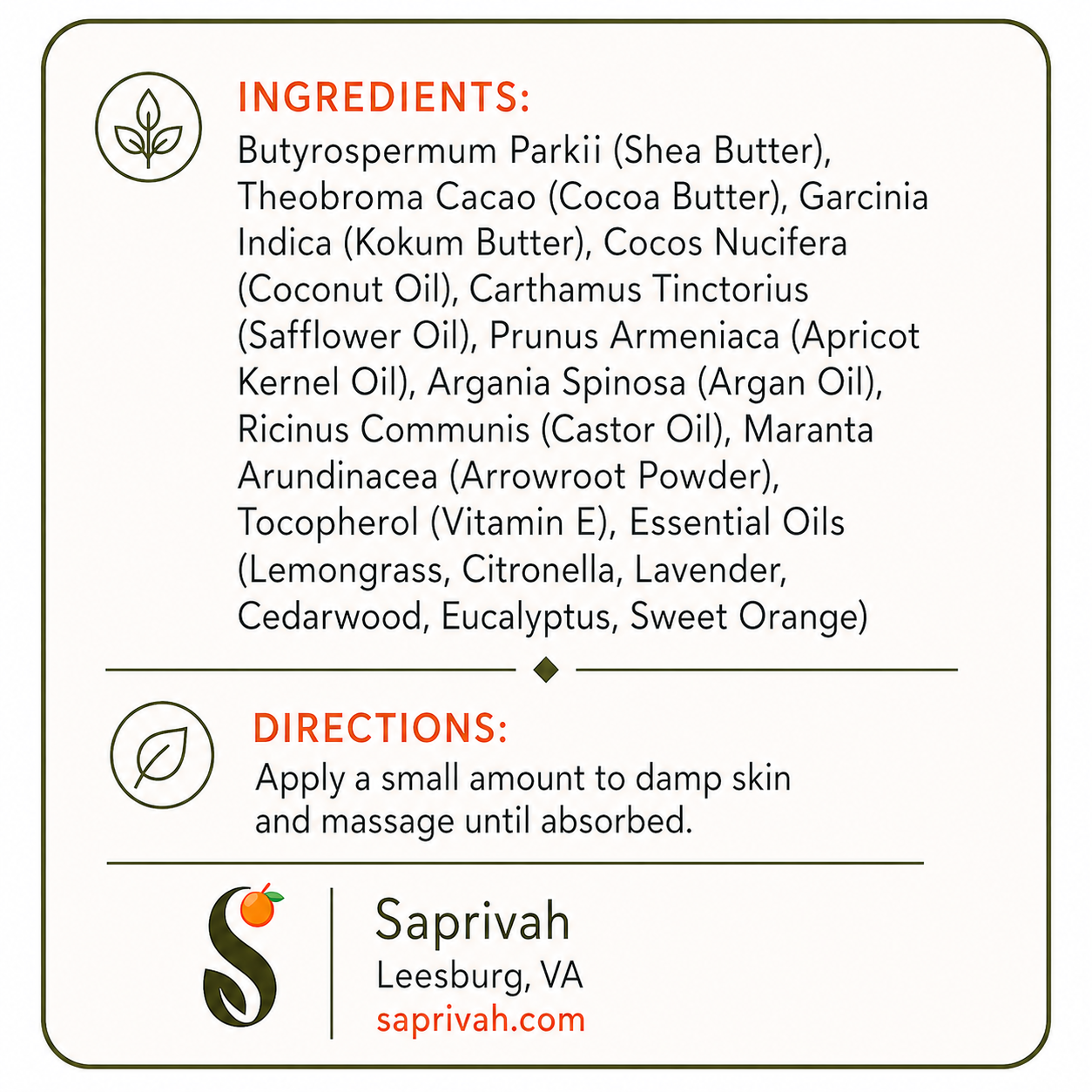 Product label with ingredients and directions for use, featuring the brand Saprivah.
