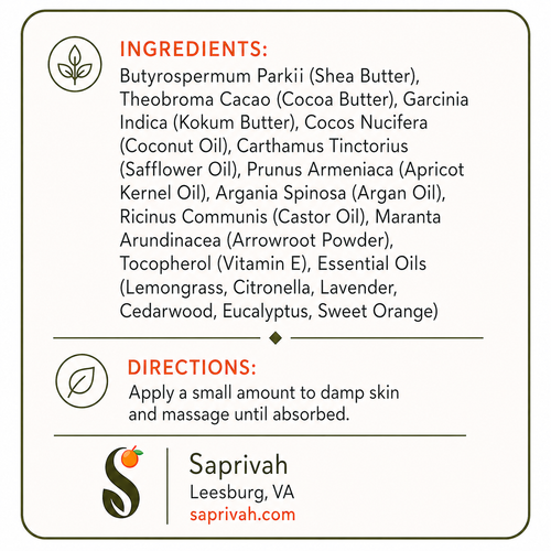 Product label with ingredients and directions for use, featuring the brand Saprivah.