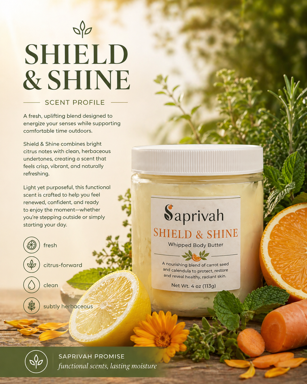 Saprivah Shield & Shine whipped body butter with natural ingredients and a scenic background