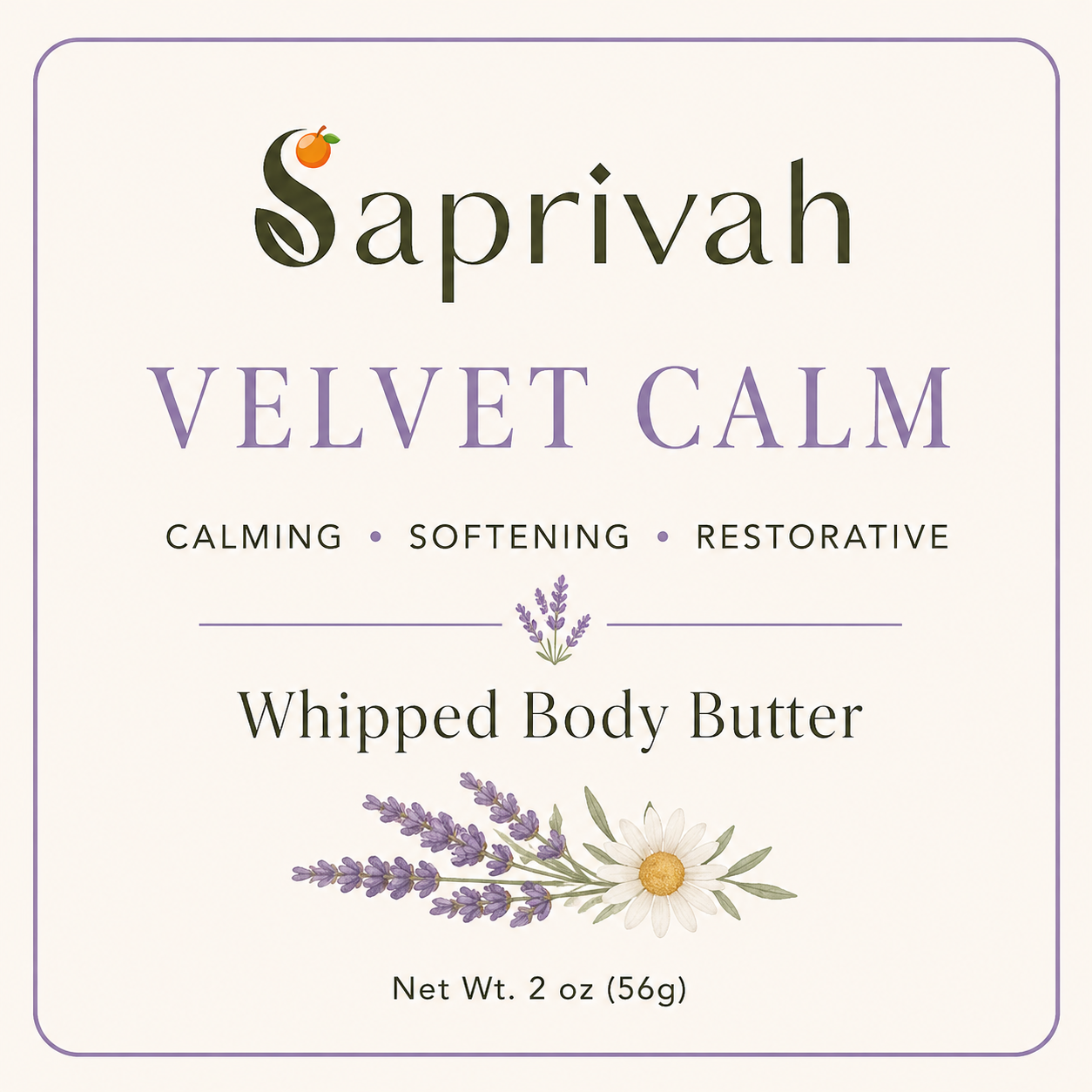 Saprivah Velvet Calm whipped body butter label with lavender and daisy graphics on a white background