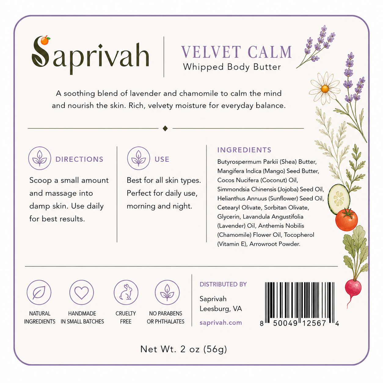 Saprivah Velvet Calm whipped body butter label with ingredients and directions.