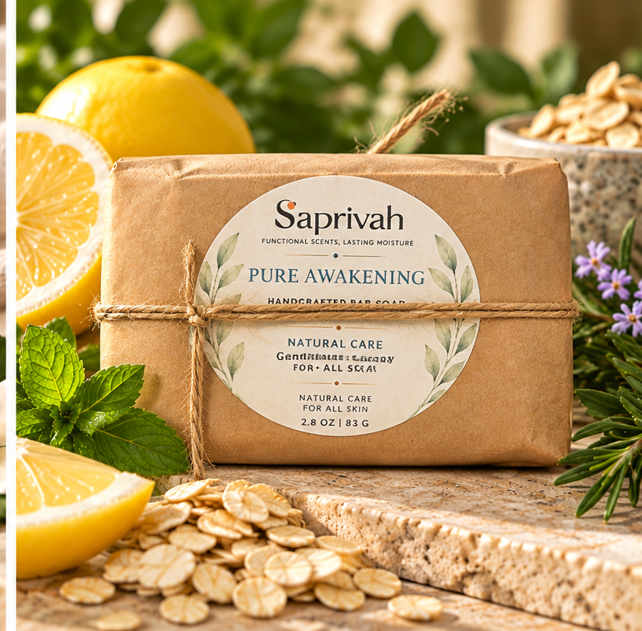 Pure Awakening wrapped bar soap styled with citrus and botanicals
