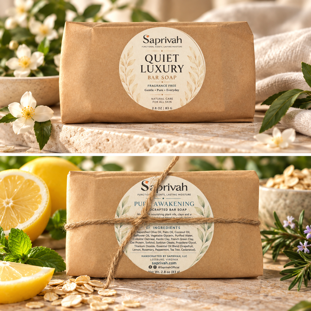 Saprivah Quiet Luxury and Pure Awakening wrapped soaps styled in elegant botanical settings