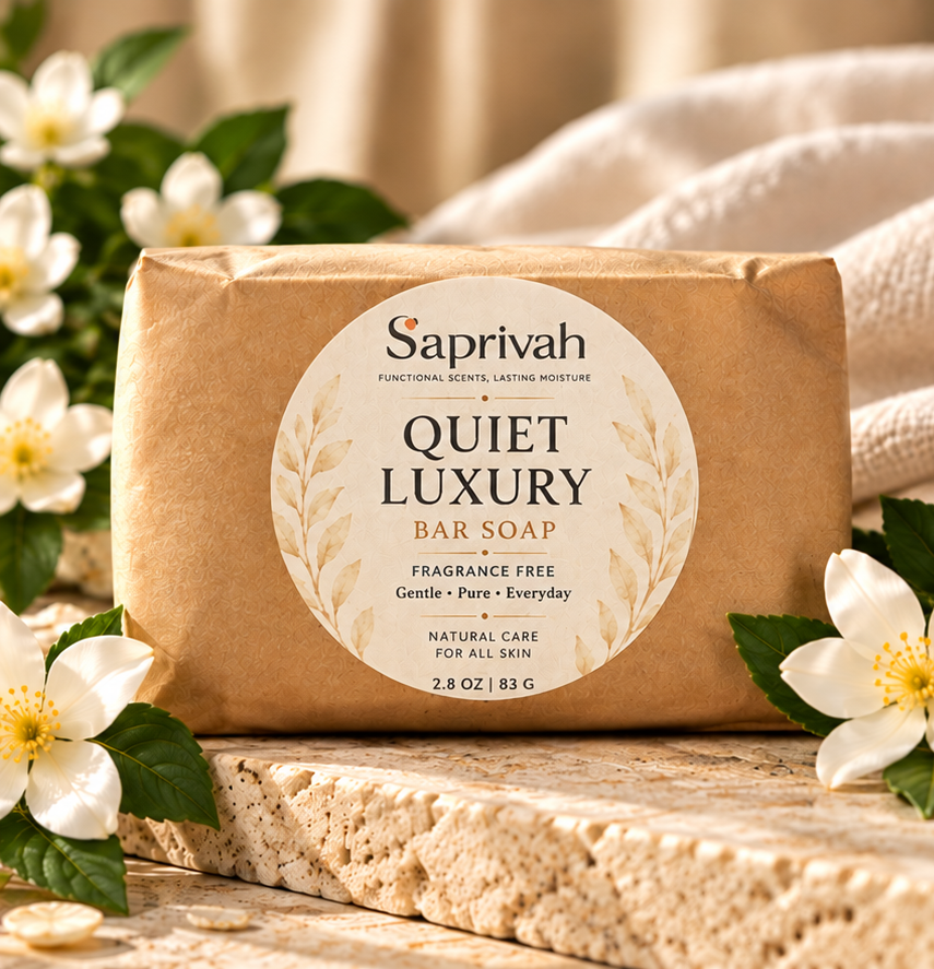 Quiet Luxury wrapped bar soap in an elegant neutral botanical setting